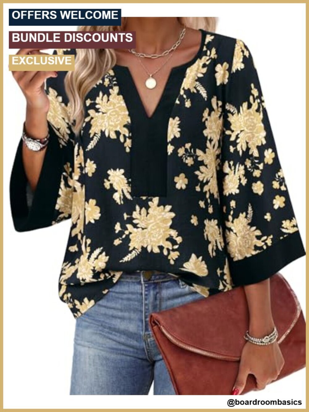 Women's Chiffon Blouse 3/4 Sleeve V-Neck Floral Tunic Dressy Casual Top